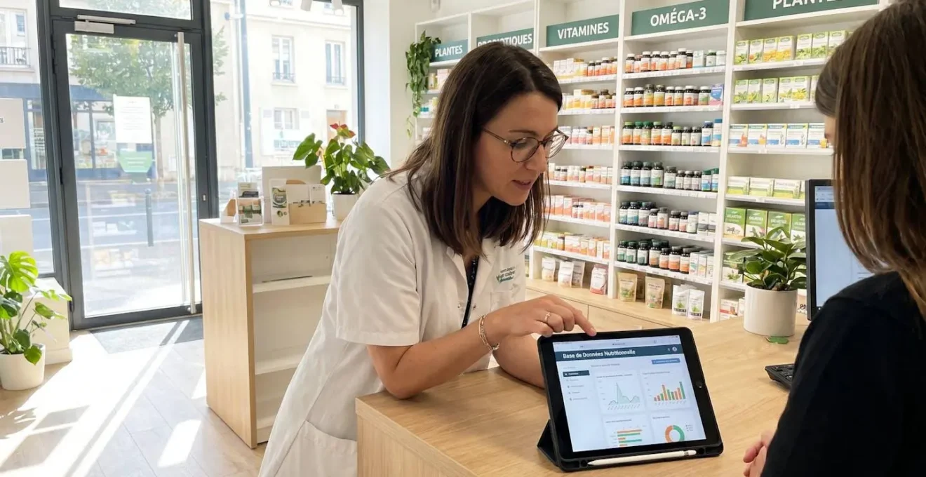 Pharmacien consultant une tablette numérique dans une pharmacie moderne avec rayonnages de compléments alimentaires