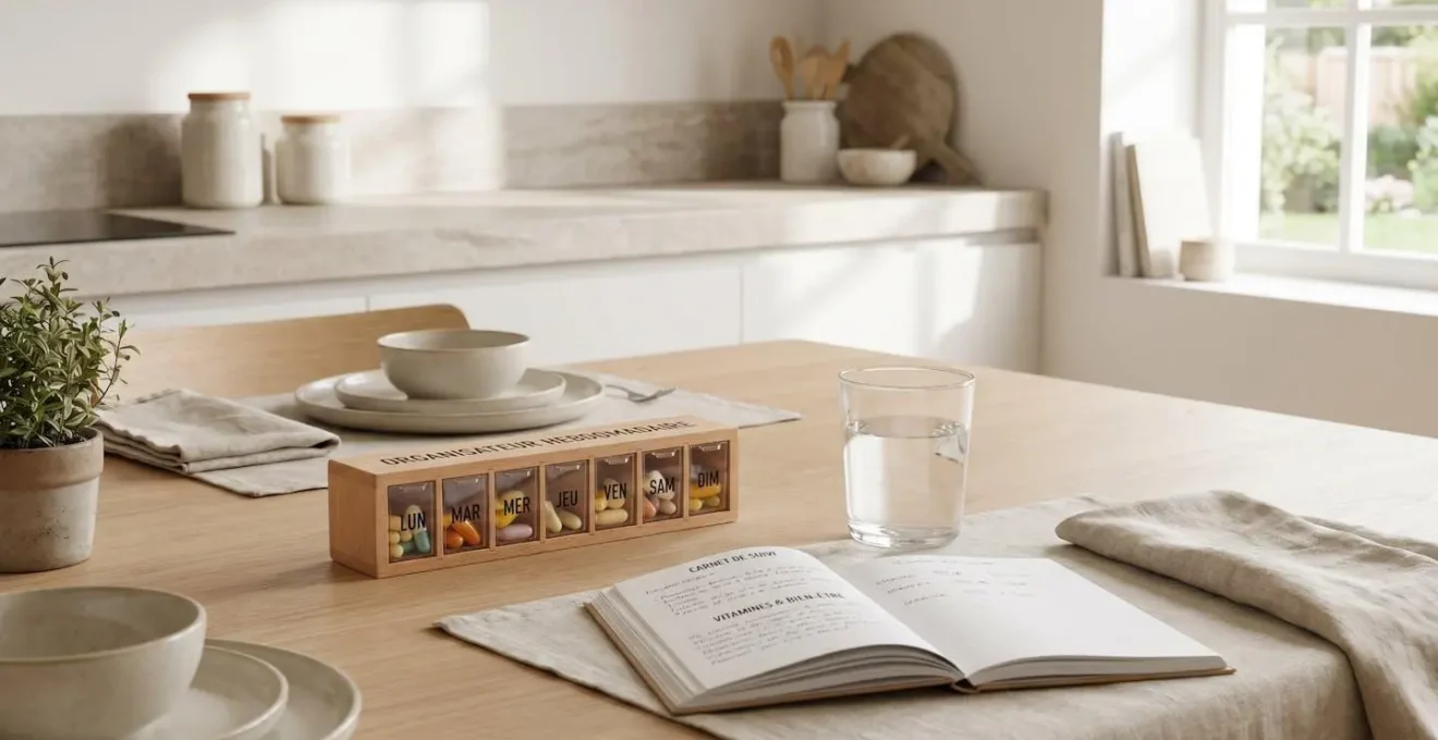 Pilulier hebdomadaire et verre d'eau sur une table de petit-déjeuner dans une cuisine moderne